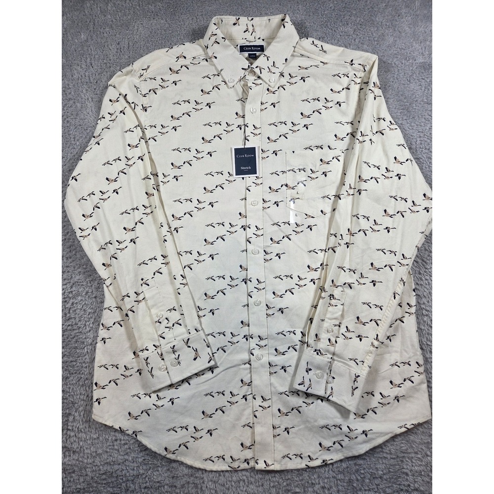 Club Room Corduroy Shirt Large Cream Mens Bird Print Long Sleeve Stretch Button